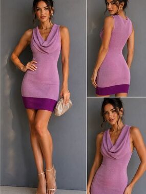 Arden B knit sweater dress XS Pink Purple Color block Cowl Neck Mini dress.